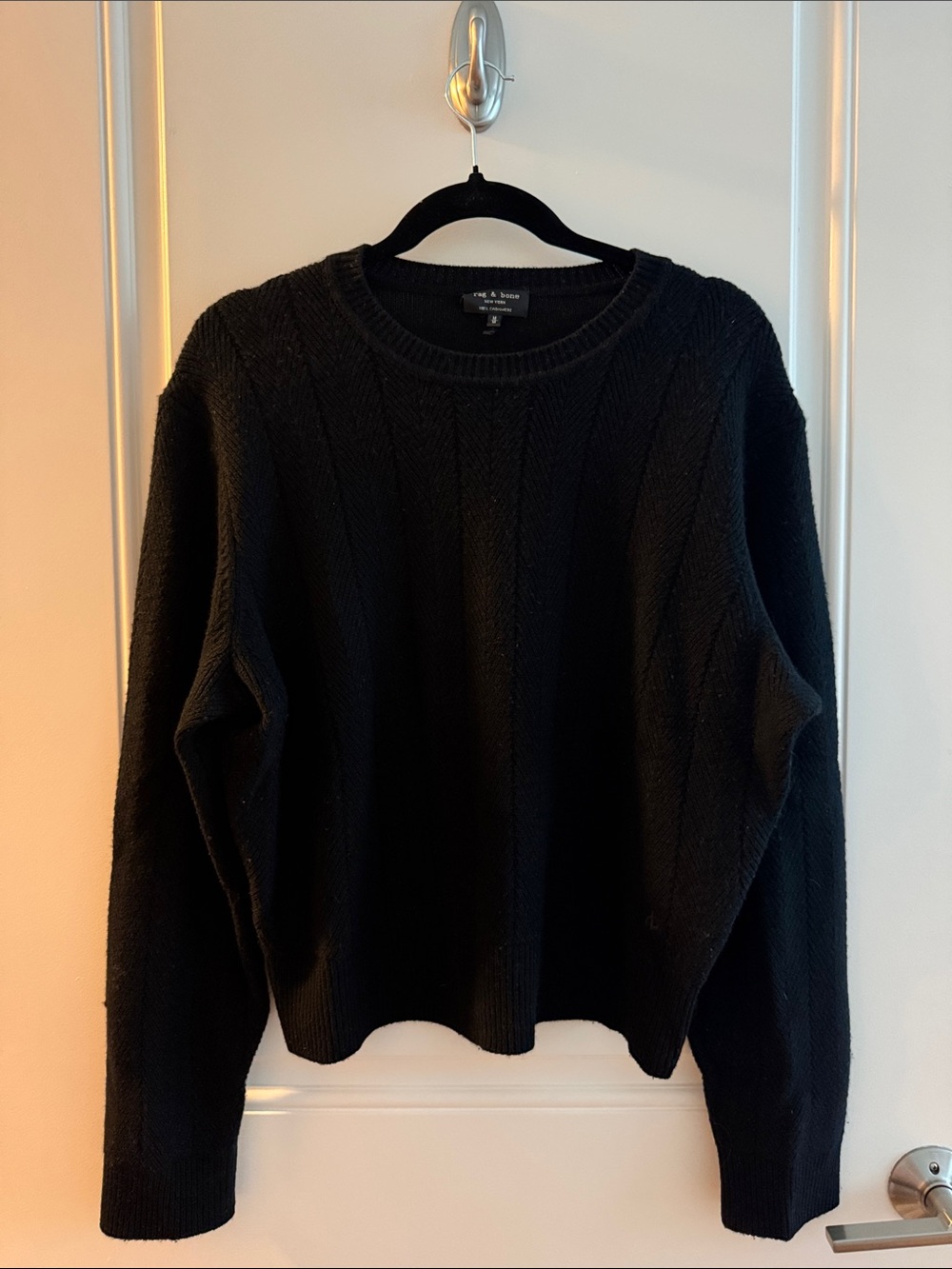 rag & bone Black Textured 100% Cashmere Cable Crewneck Sweater